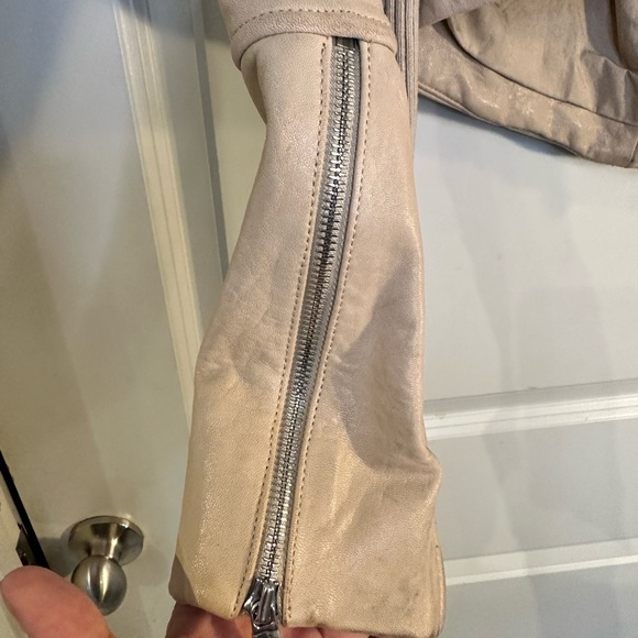 Vince Sand Shell Asymmetrical Rib Knit 100% Lambskin Leather Moto Designer Coat - Picture 14 of 16